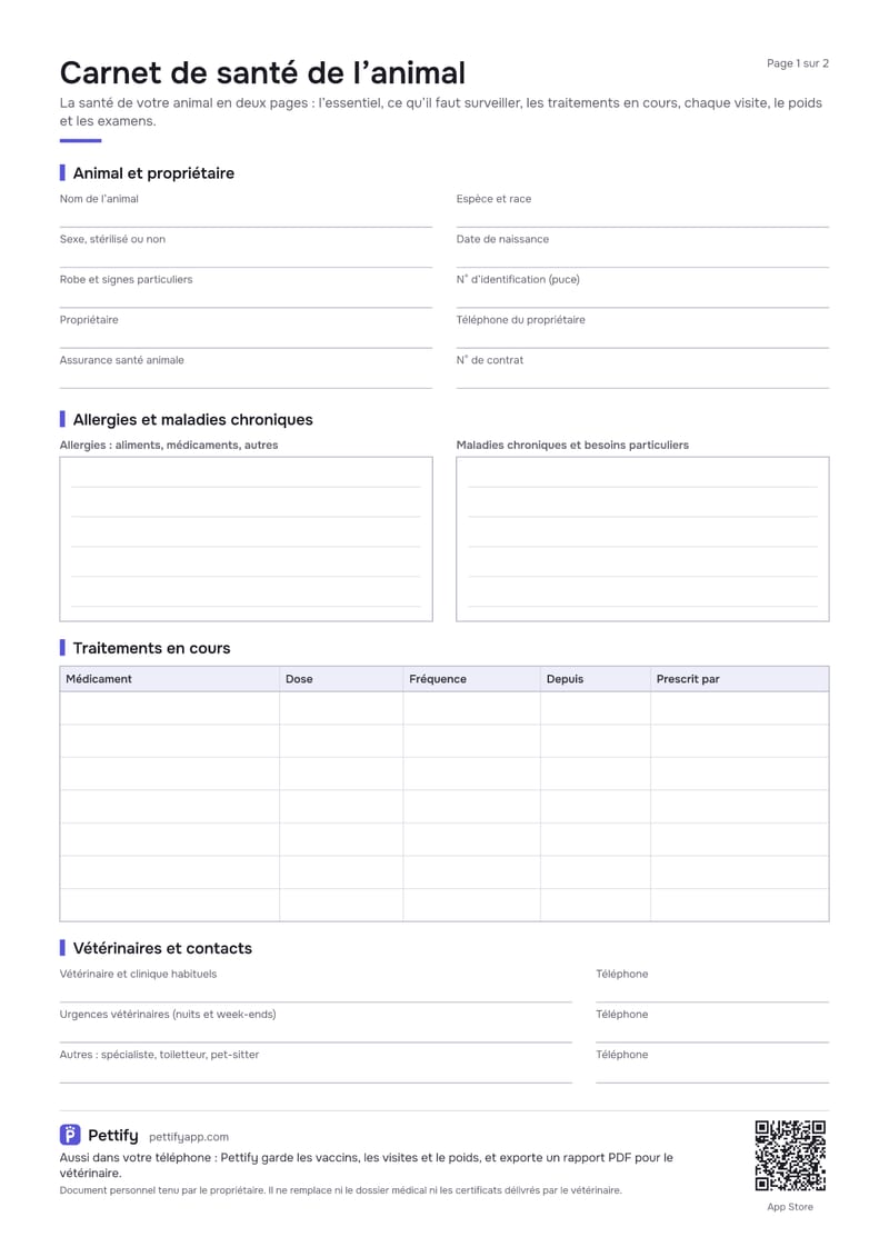 Page 1 du carnet de santé : informations sur l’animal et le propriétaire, cadres pour les allergies et les maladies chroniques, tableau des traitements en cours et coordonnées des vétérinaires