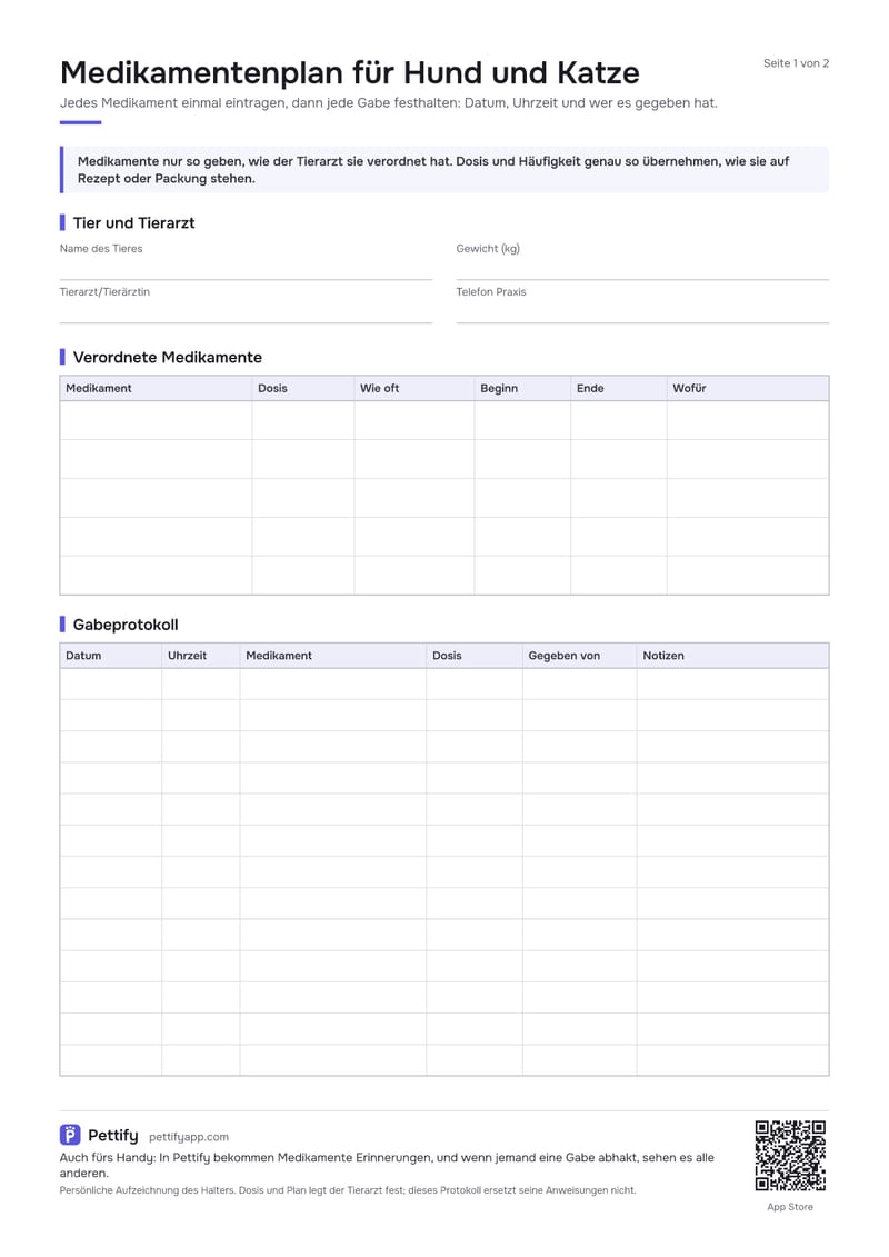 Seite 1 des Medikamentenplans: Angaben zu Tier und Tierarzt, eine Tabelle der verordneten Medikamente und ein Gabeprotokoll mit Datum, Uhrzeit, Medikament, Dosis, gegeben von und Notizen