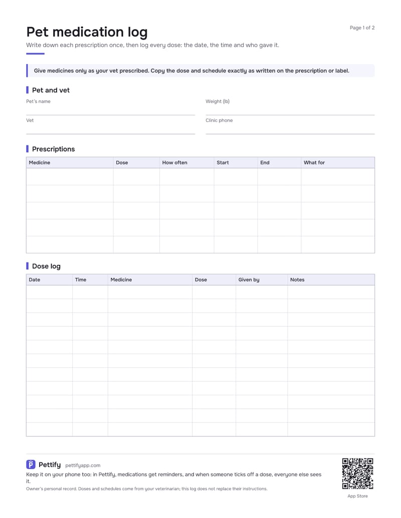 Page 1 of the pet medication log: pet and vet details, a prescriptions table and a dose log with date, time, medicine, dose, given by and notes columns