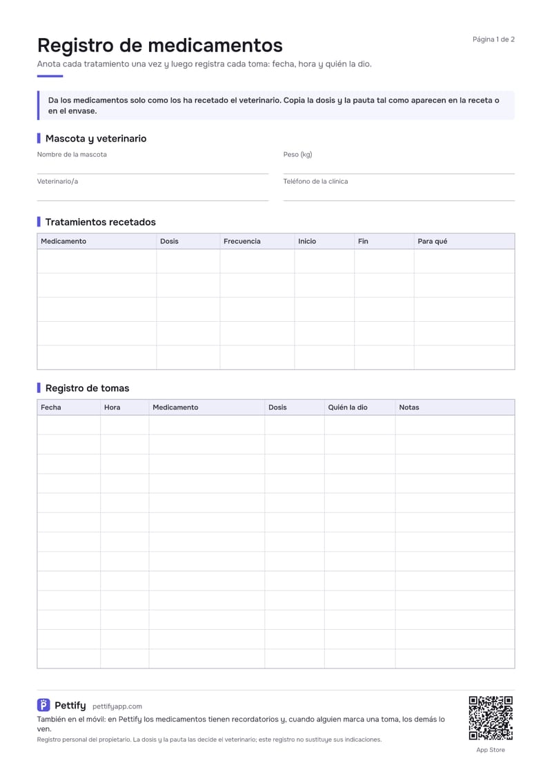 Página 1 del registro de medicamentos: datos de la mascota y del veterinario, una tabla de tratamientos recetados y un registro de tomas con fecha, hora, medicamento, dosis, quién la dio y notas