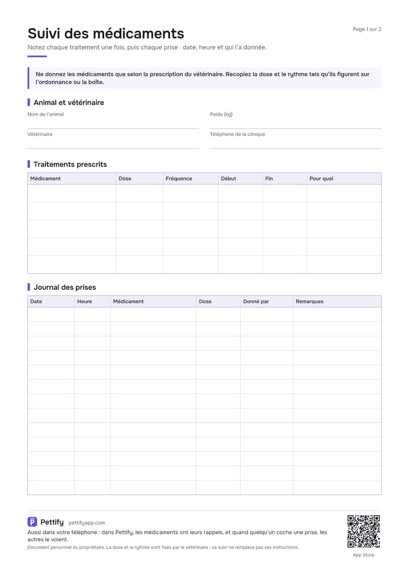 Page 1 de la fiche de suivi des médicaments : informations sur l’animal et le vétérinaire, un tableau des traitements prescrits et un journal des prises avec date, heure, médicament, dose, donné par et remarques