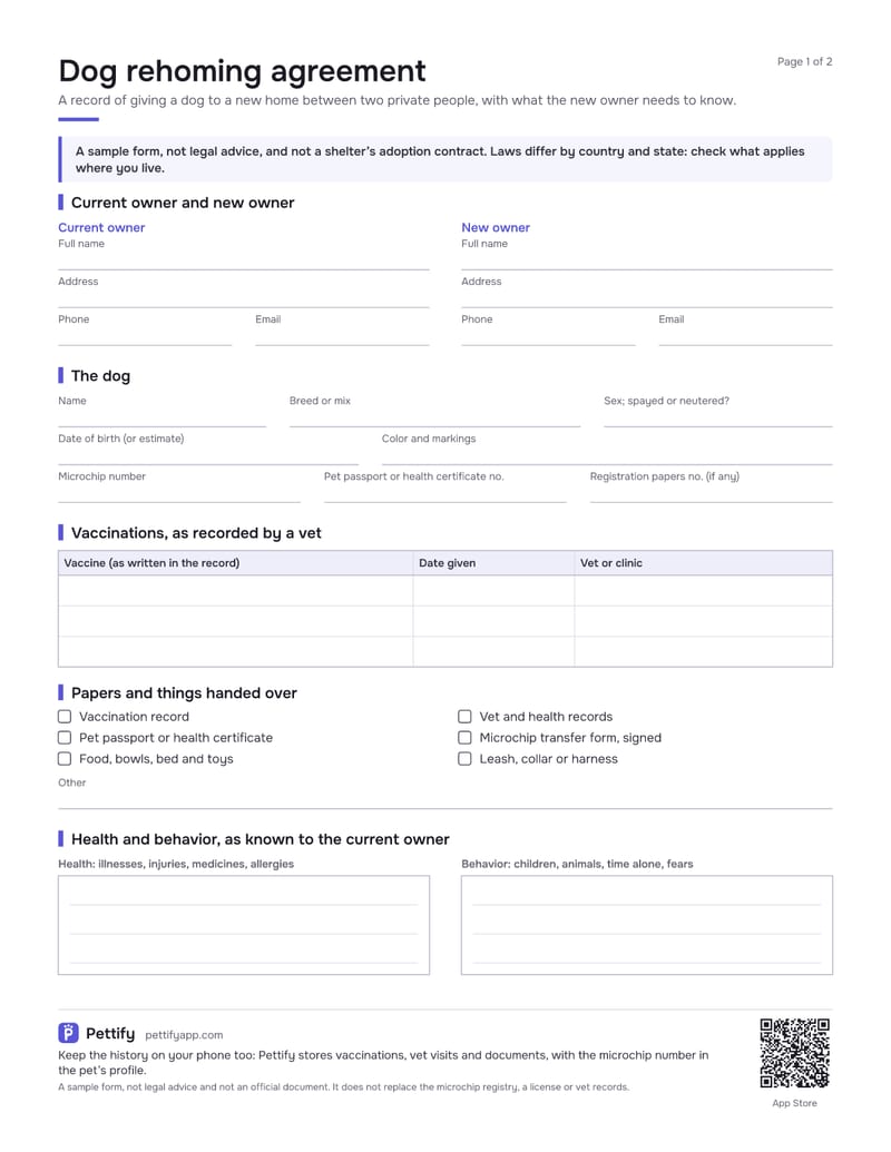 Page 1 of the dog rehoming agreement: current owner and new owner side by side, the dog’s ID with microchip number, a vaccination table and a list of papers and things handed over