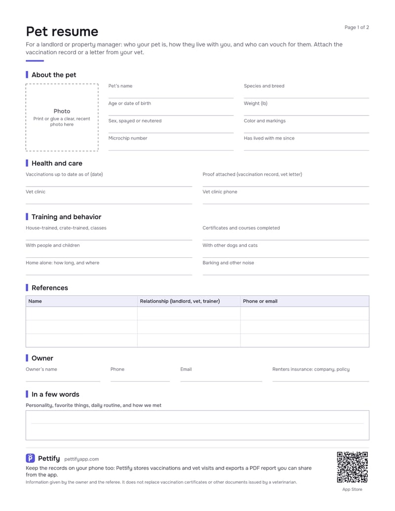 Page 1 of the pet resume: a photo box beside the pet’s name, breed, age, weight and microchip number, then health and care, training and behavior, references, the owner and a box for a few words