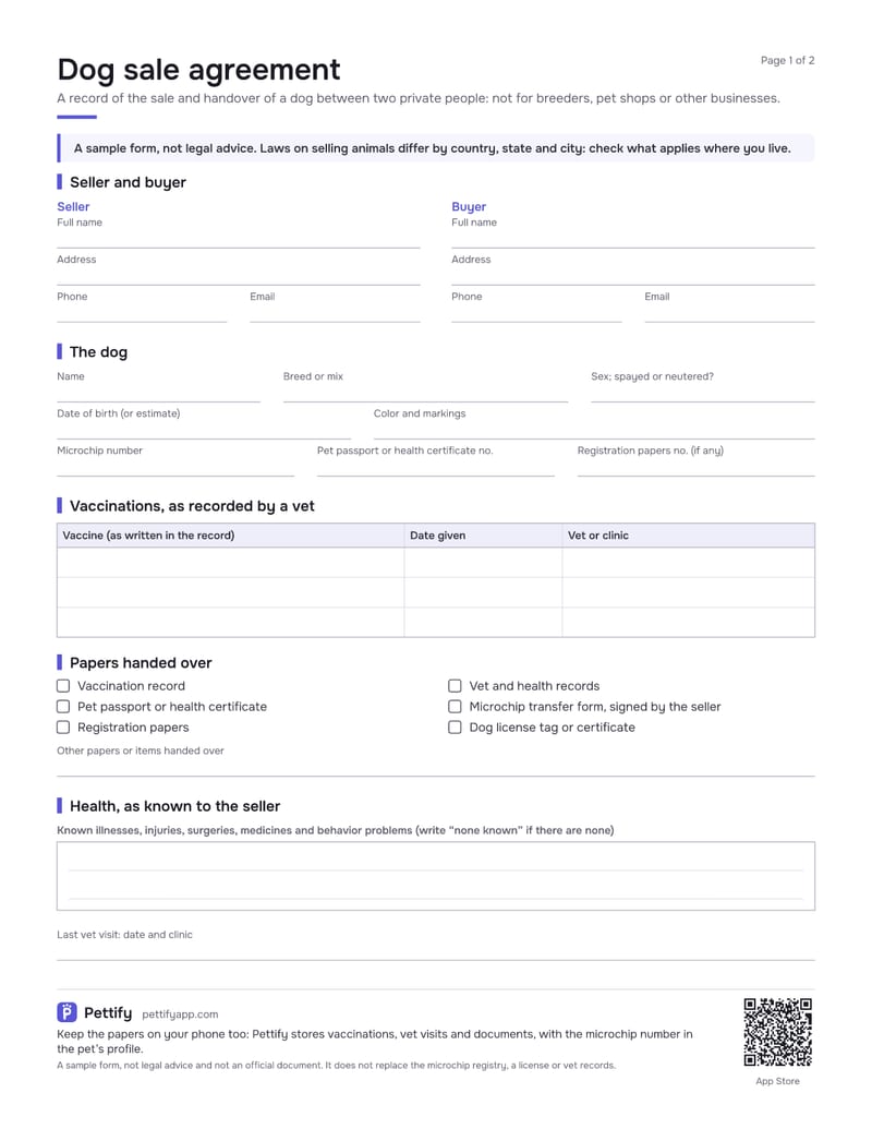 Page 1 of the dog sale agreement: seller and buyer side by side, the dog’s name, breed, sex, date of birth, color, microchip and passport numbers, a vaccination table and a list of papers handed over