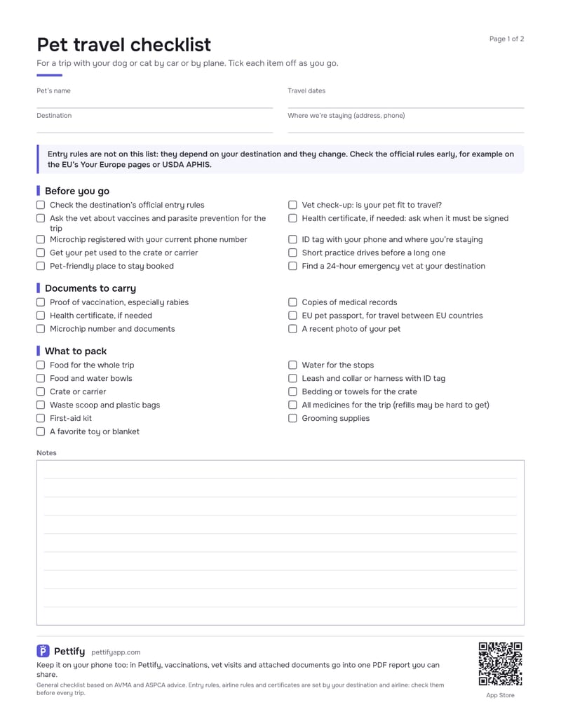 Page 1 of the pet travel checklist: fields for the pet, dates and destination, a note about entry rules, then tick boxes for before you go, documents and packing