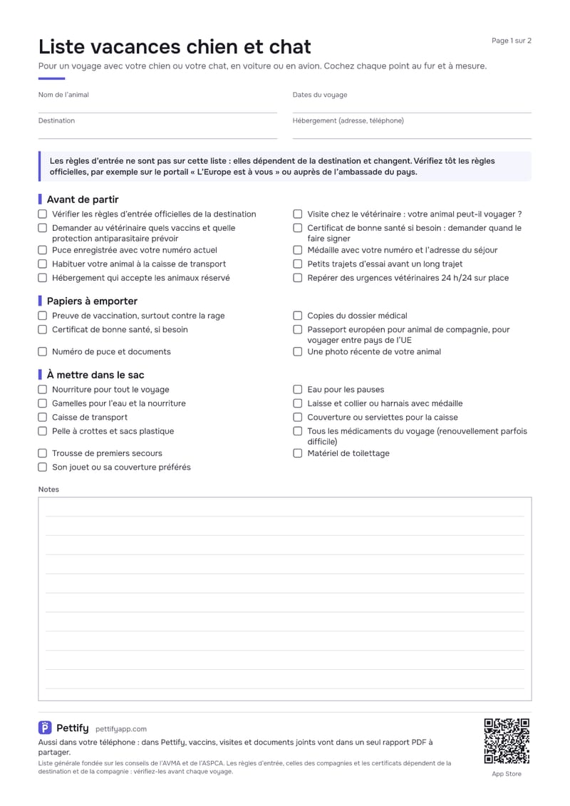 Page 1 de la liste vacances avec son animal : champs pour l’animal, les dates et la destination, une note sur les règles d’entrée, puis cases à cocher pour la préparation, les papiers et les bagages