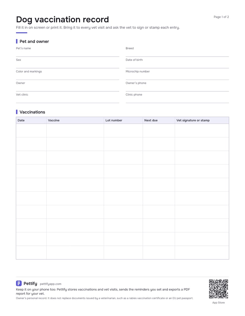 Page 1 of the dog vaccination record: pet and owner details, then a vaccination table with date, vaccine, lot number, next due date and vet signature columns