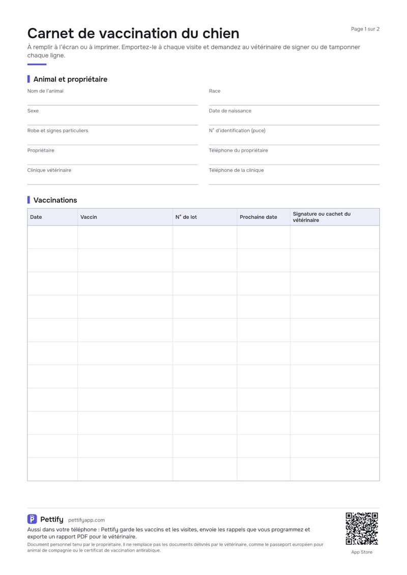 Page 1 du carnet de vaccination du chien : informations sur l’animal et le propriétaire, puis un tableau des vaccins avec date, vaccin, numéro de lot, prochaine date et signature du vétérinaire