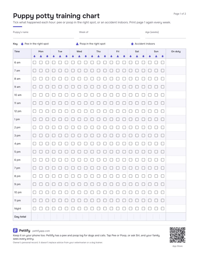 Page 1 of the puppy potty training chart: a week by the hour from 6 am to 11 pm and the night, with tick boxes for pee, poop and accidents indoors on every day and a column for who is on duty