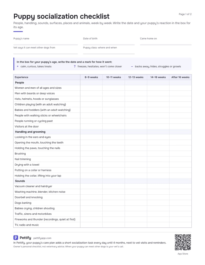 Page 1 of the puppy socialization checklist: fields for the puppy, a key with three reaction marks, and a table of people, handling and sounds with columns from 8–9 weeks to after 16 weeks